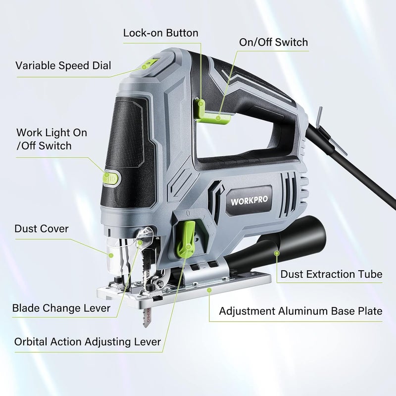 WORKPRO منشار كهربائي، 6.5 أمبير 850 واط مع مجموعة أدوات منشار كهربائي بسلك مع 6 سرعات متغيرة، 7 شفرات، قطع مائل ±45°، ضوء LED، 3000 دورة في الدقيقة، 4 إعدادات مدارية، دليل حافة، تغيير شفرة بدون أدوات - Image 2